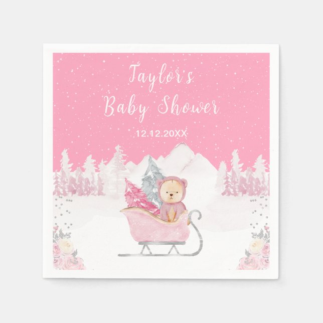 Servilleta De Papel Winter Bear Pink Sleigh Baby Shower (Anverso)