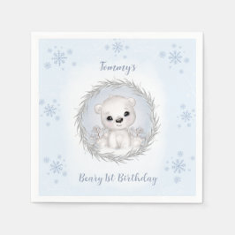 Servilleta De Papel Winter Beary 1er cumpleaños Oso Polar Azul Cuto