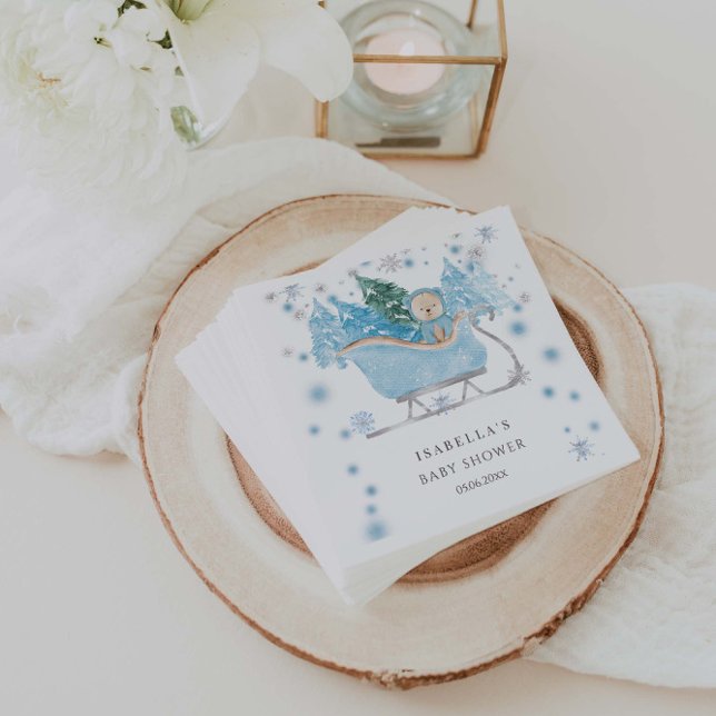 Servilleta De Papel Winter Blue Teddy Bear Sleigh Boy Baby Shower (Subido por el creador)