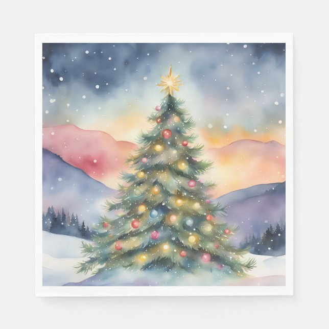 Servilleta De Papel Winter Christmas Tree Snowy Sunset Scenery (Anverso)