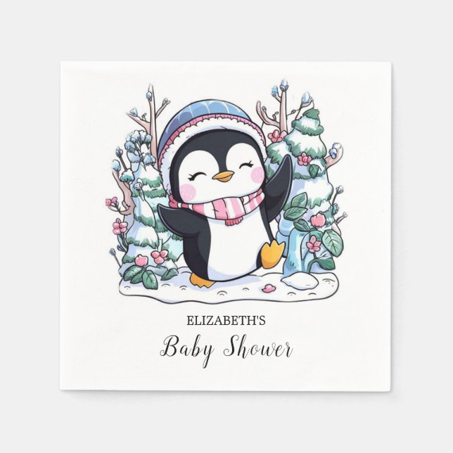 Servilleta De Papel Winter Elegant Penguin Baby Shower (Anverso)