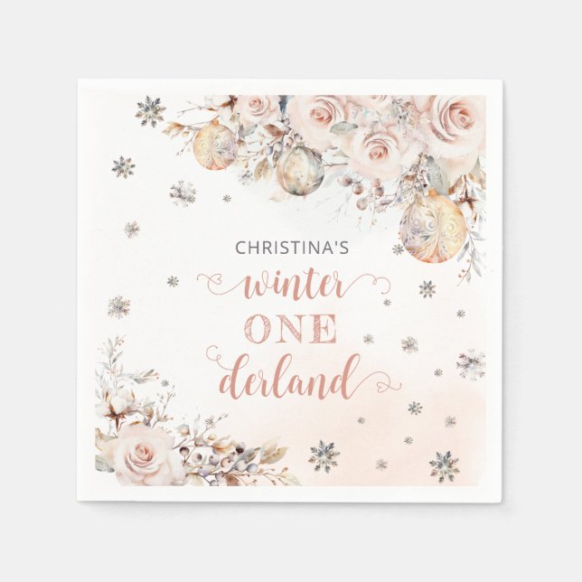 Servilleta De Papel Winter Floral Snowflake Onederland Primer cumpleañ (Anverso)