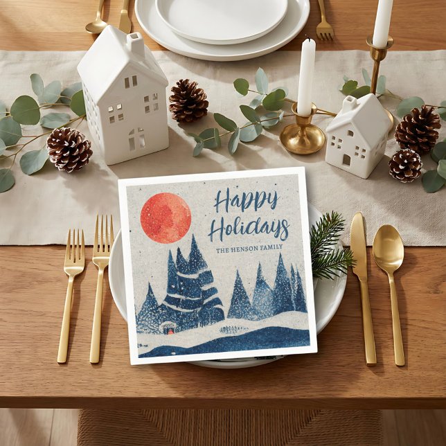 Servilleta De Papel Winter Landscape Forest Moon Navy Blue Drawing  (Subido por el creador)