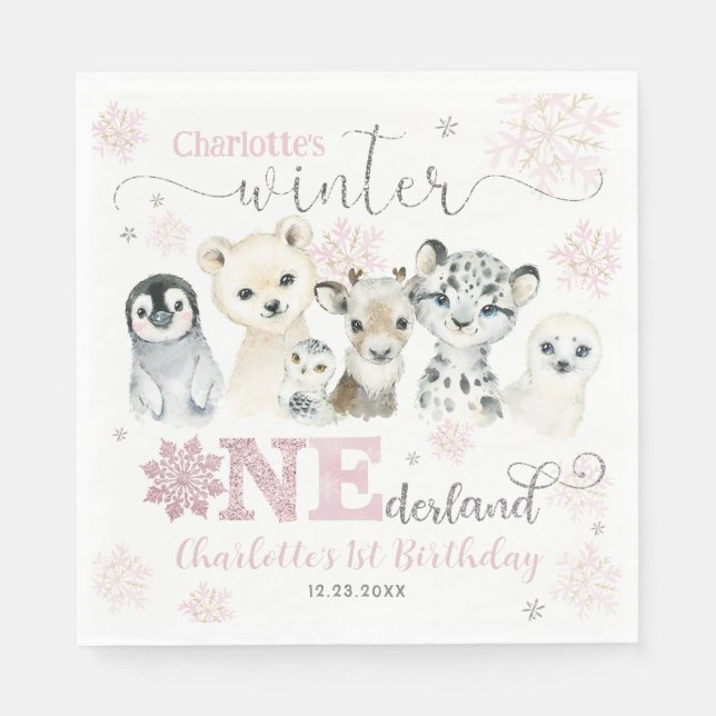 Servilleta De Papel Winter Onederland Arctic Animals Snow 1st Birthday (Anverso)