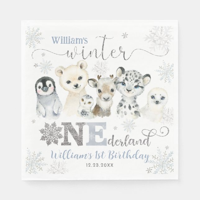 Servilleta De Papel Winter Onederland Arctic Animals Snow 1st Birthday (Anverso)