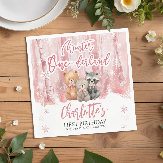 Servilleta De Papel Winter Onederland Bear Pink First Birthday Party (Subido por el creador)