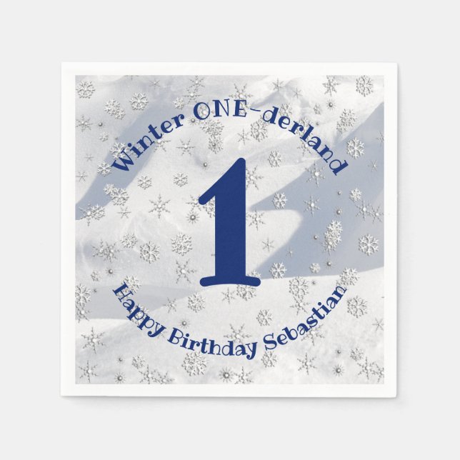 Servilleta De Papel Winter ONEderland Blue First Birthday Snowflakes (Anverso)