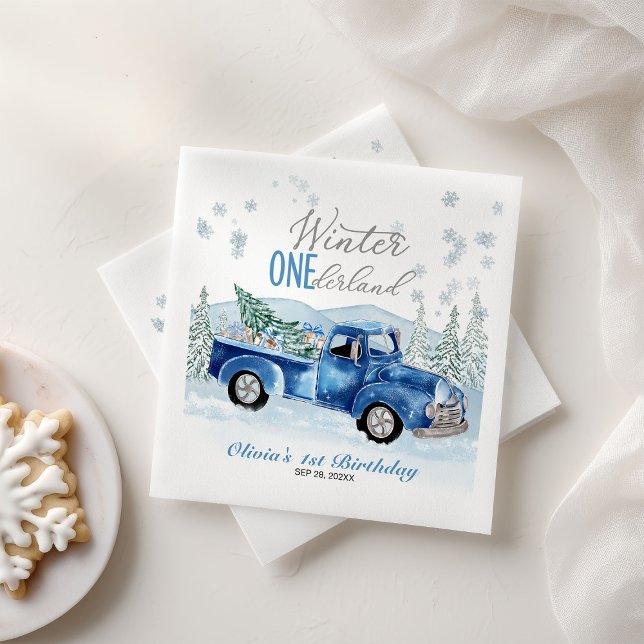 Servilleta De Papel Winter Onederland Blue Truck First Birthday (Subido por el creador)