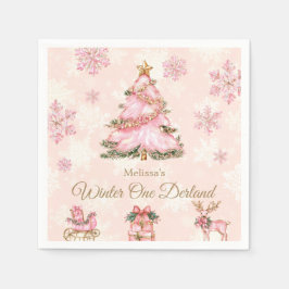 Servilleta De Papel Winter Onederland Girl 1st Birthday Pink Snowflake