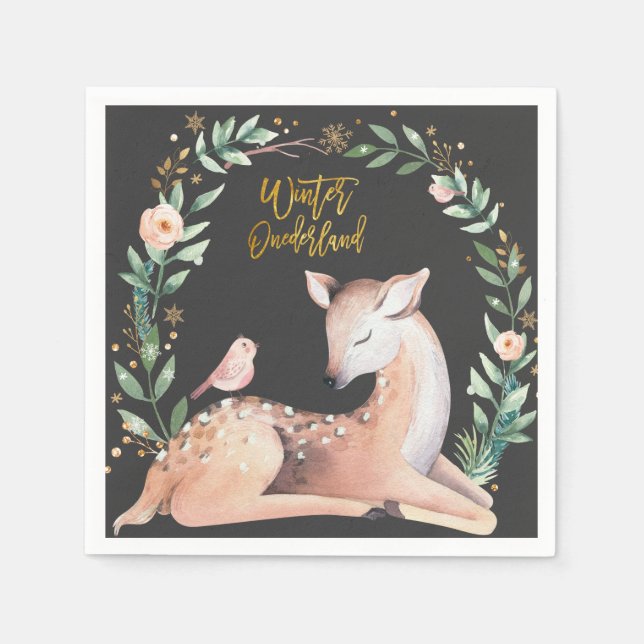 Servilleta De Papel Winter ONEderland Gold Deer Greenery Woodland (Anverso)