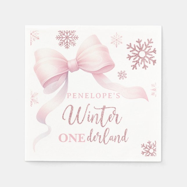 Servilleta De Papel Winter Onederland Pink Bow Girl 1st Birthday (Anverso)