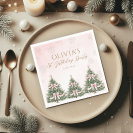 Servilleta De Papel Winter Onederland Pink Bow Pine Trees 1st Birthday