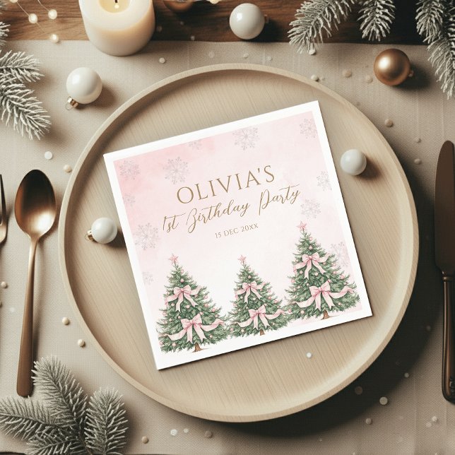 Servilleta De Papel Winter Onederland Pink Bow Pine Trees 1st Birthday (Subido por el creador)