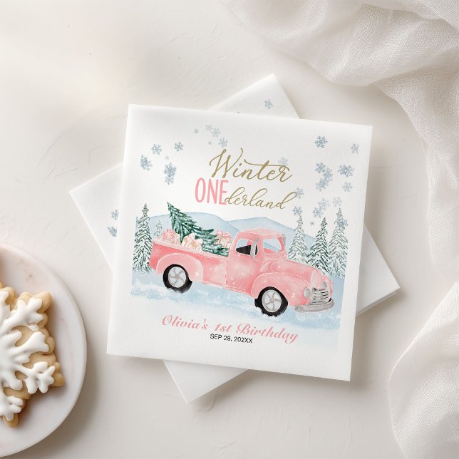 Servilleta De Papel Winter Onederland Pink Truck First Birthday (Subido por el creador)