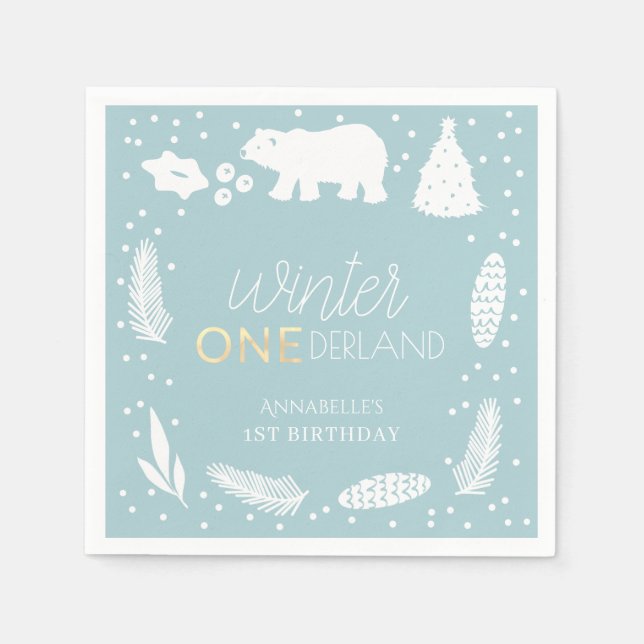 Servilleta De Papel Winter ONEderland Polar Bear Azul primer cumpleaño (Anverso)