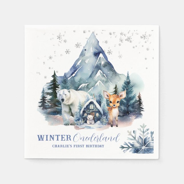 Servilleta De Papel Winter Onederland Whimsical Woodland 1er cumpleaño (Anverso)