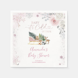 Servilleta De Papel Winter Pastel Pink Snowflake Sleigh Baby Shower