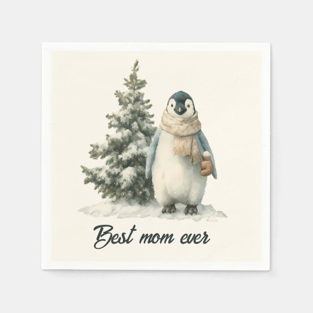 Servilleta De Papel Winter Penguin “Best Mom Ever” Design (Anverso)