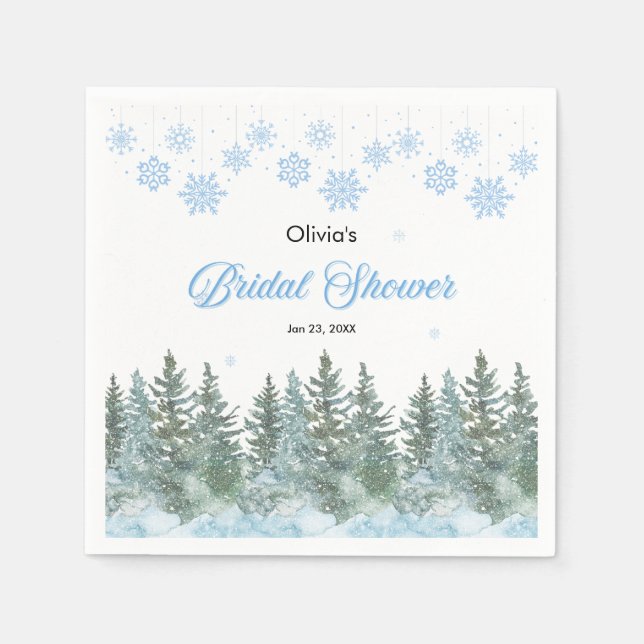 Servilleta De Papel Winter Pine Trees Snowflakes Bridal Shower  (Anverso)