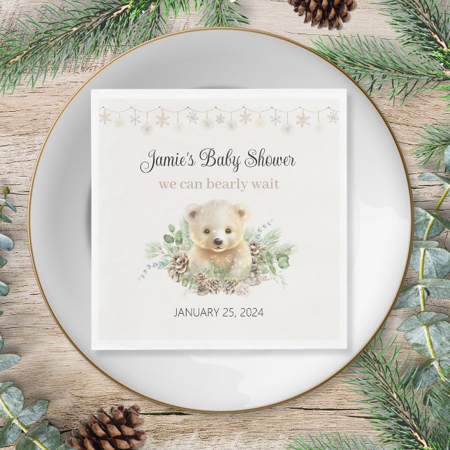Servilleta De Papel Winter Polar Bear Gender Neutral Baby Shower (cute cream gender neutral polar bear theme we can bearly wait baby shower napkins personalized)