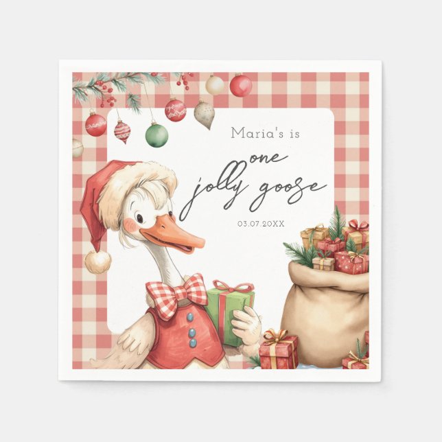 Servilleta De Papel Winter Red Christmas Silly Goose  1st birthday (Anverso)