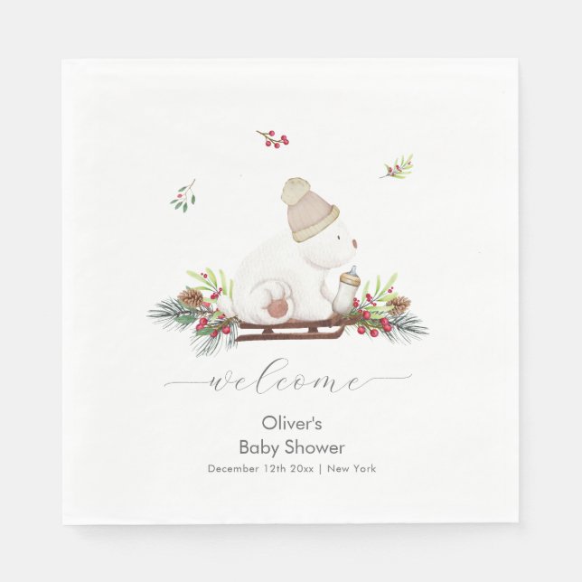 Servilleta De Papel Winter Sleigh Polar Bear Baby Shower Welcome  (Anverso)