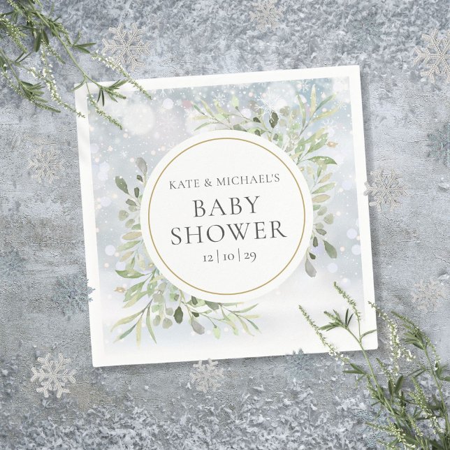 Servilleta De Papel Winter Snowflakes Greenery Baby Shower (Winter Snowflakes Greenery Baby Shower Napkins)