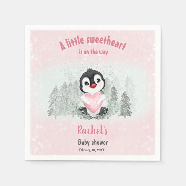 Servilleta De Papel Winter Valentines Penguin Chica Baby Shower (Anverso)