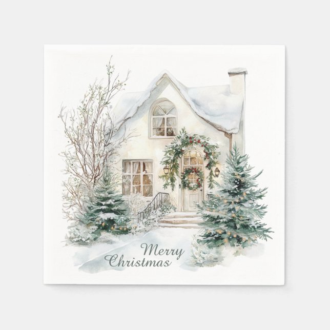 Servilleta De Papel Winter Watercolor Holiday House Christmas (Anverso)
