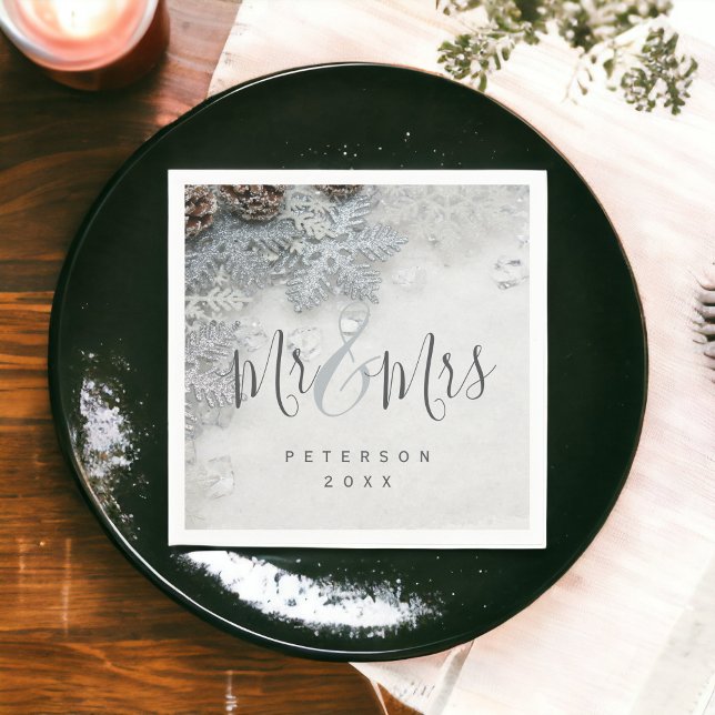 Servilleta De Papel Winter wonderland foto de nieve plateada Mr & Mrs. (Winter wonderland silver snow photo Mr & Mrs Napkins)
