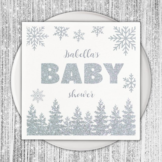Servilleta De Papel Winter Wonderland Silver Purpurina Baby Shower (winter wonderland baby shower napkins silver glitter woodland)