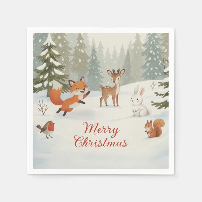 Servilleta De Papel Winter Woodland Merry Christmas Forest Animals (Anverso)