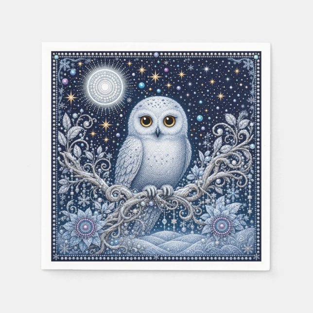 Servilleta De Papel Winterzauber mit Schneeeule und Eisblumen (Anverso)