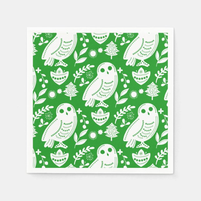 Servilleta De Papel Wise Owl Folk Art Green Holiday (Anverso)