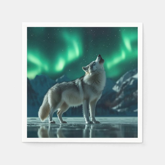 Servilleta De Papel Wolf Howling Under the Northern Lights (Anverso)