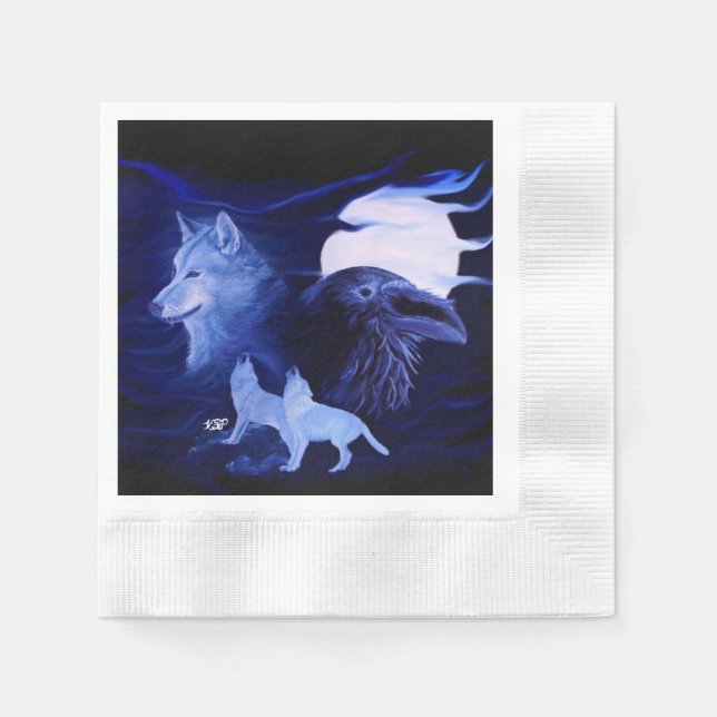 Servilleta De Papel Wolf y Raven con luna llena (Anverso)
