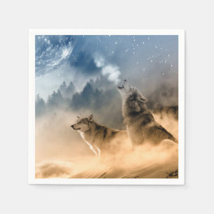 Servilleta De Papel Wolfs aullido en una noche estrellada de niebla