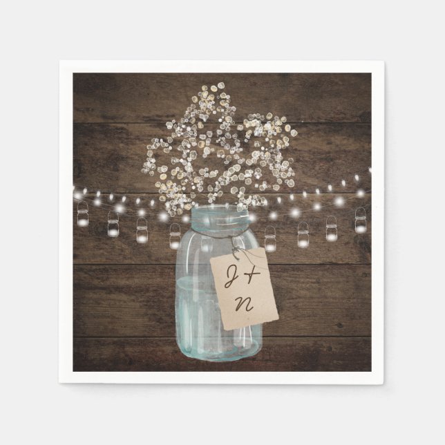 Servilleta De Papel Wood Mason Jar Babys Breath, un Boda rústico de gr (Anverso)