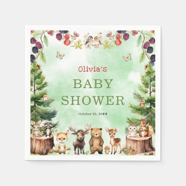 Servilleta De Papel Woodland Animals Berry Flowers Baby Shower (Anverso)