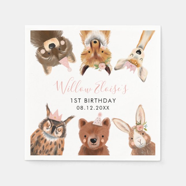 Servilleta De Papel Woodland Animals Birthday Party Pink (Anverso)