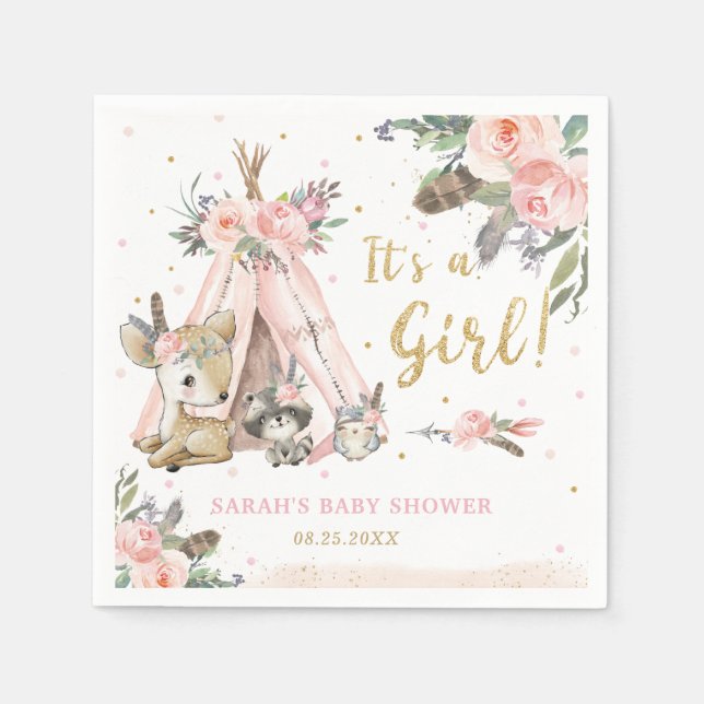 Servilleta De Papel Woodland Animals Boho Chica Tribal Baby Shower (Anverso)