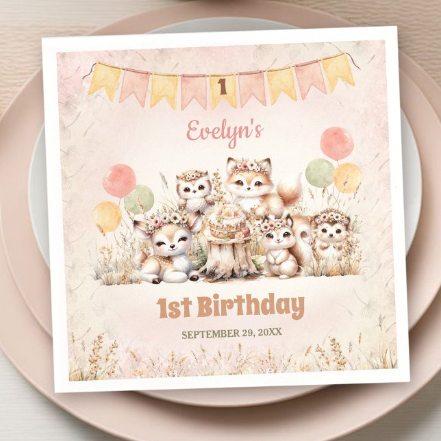Servilleta De Papel Woodland Animals Boho Pastel Chica Primer cumpleañ (Woodland Animals Boho Pastel Girl 1st Birthday Napkins)