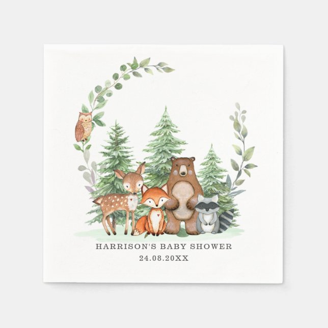 Servilleta De Papel Woodland Animals Botanical Greenery Baby Shower (Anverso)