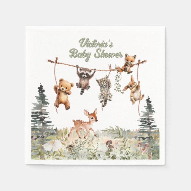 Servilleta De Papel Woodland Animals Clothesline Forest Baby Shower (Anverso)