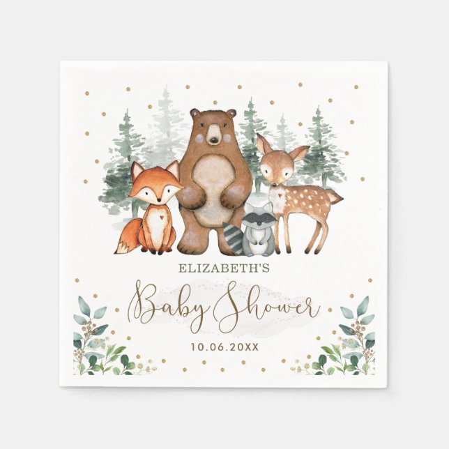 Servilleta De Papel Woodland Animals Greenery Forest Baby Shower (Anverso)