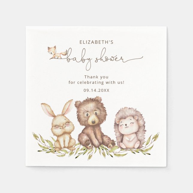 Servilleta De Papel Woodland Animals Greenery Neutral Baby Shower (Anverso)