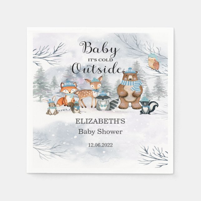 Servilleta De Papel Woodland Animals Winter Blue Boy Baby Shower (Anverso)