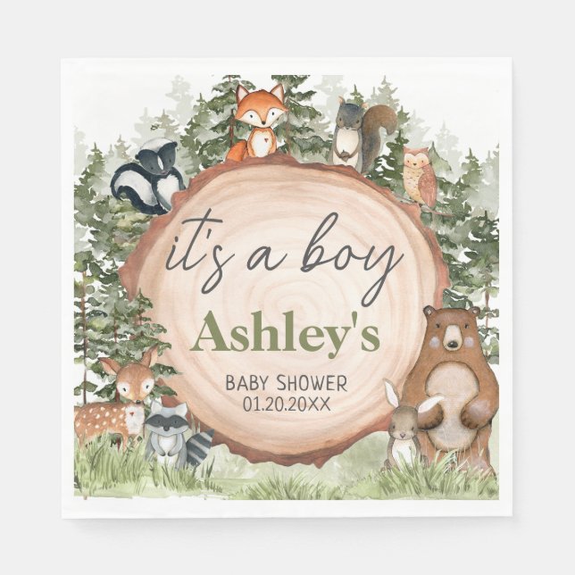 Servilleta De Papel Woodland Animals Wood Slice Baby Shower (Anverso)