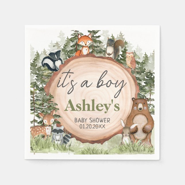 Servilleta De Papel Woodland Animals Wood Slice Baby Shower (Anverso)