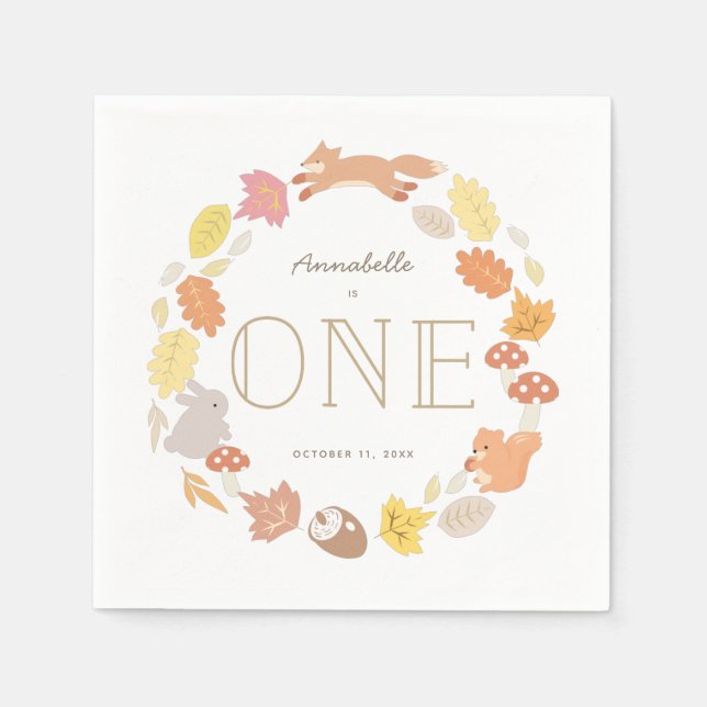 Servilleta De Papel Woodland Animals Wreath Fall 1er cumpleaños (Anverso)